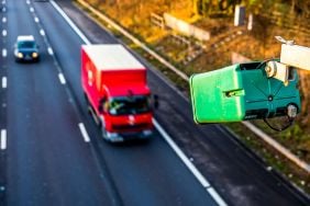 Speed camera catching vehicles driving along a road
